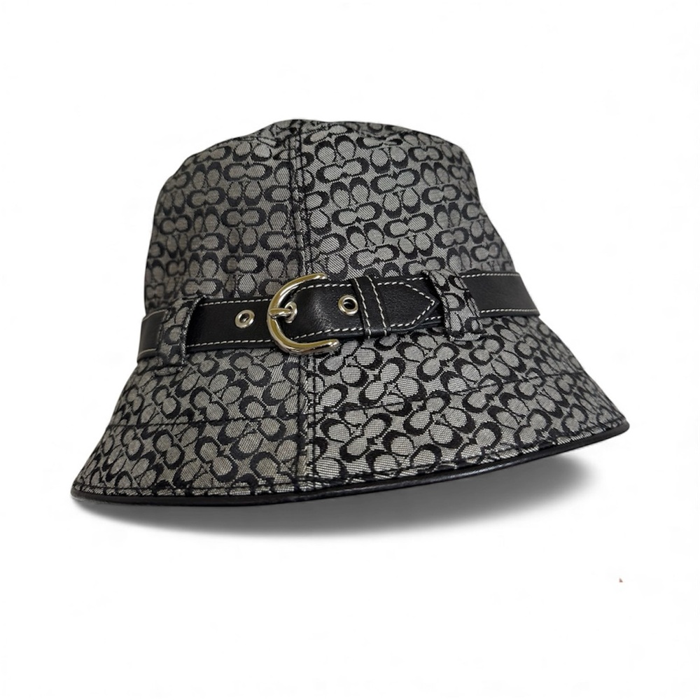 Coach Vintage Y2K Retro Gray Black Leather Buckle Signature Bucket Hat Size P/S